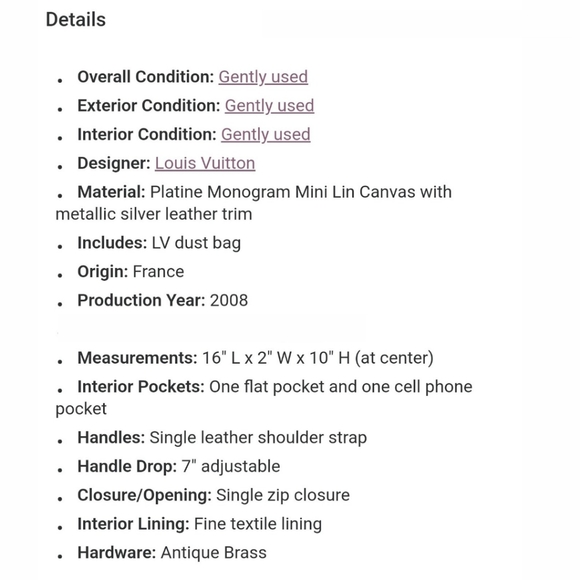 Auth Louis Vuitton Platine Monogram Mini Lin with metallic silver leather trim - Picture 8 of 10